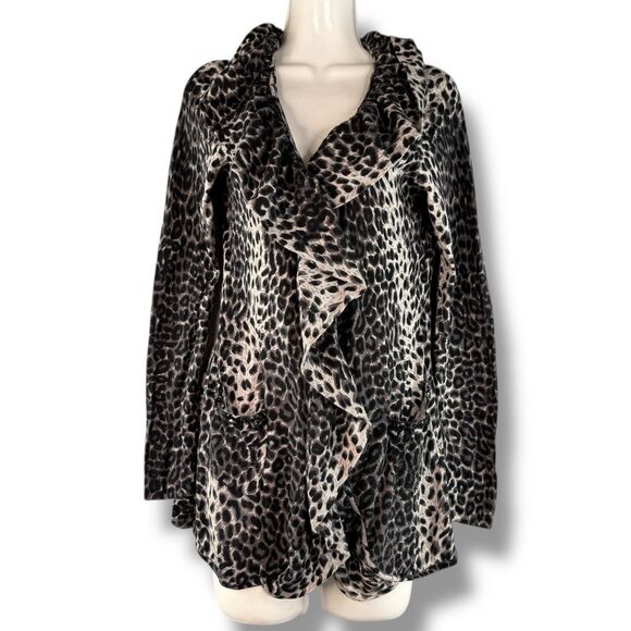 Y2K Leopard Print Black/White Long Sleeve Cardigan Ruffled Collar Size M - Picture 1 of 7